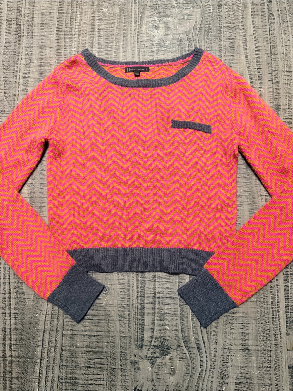 Lucca Couture Pink & Dark Mustard Crewneck Sweater with Gray Trim